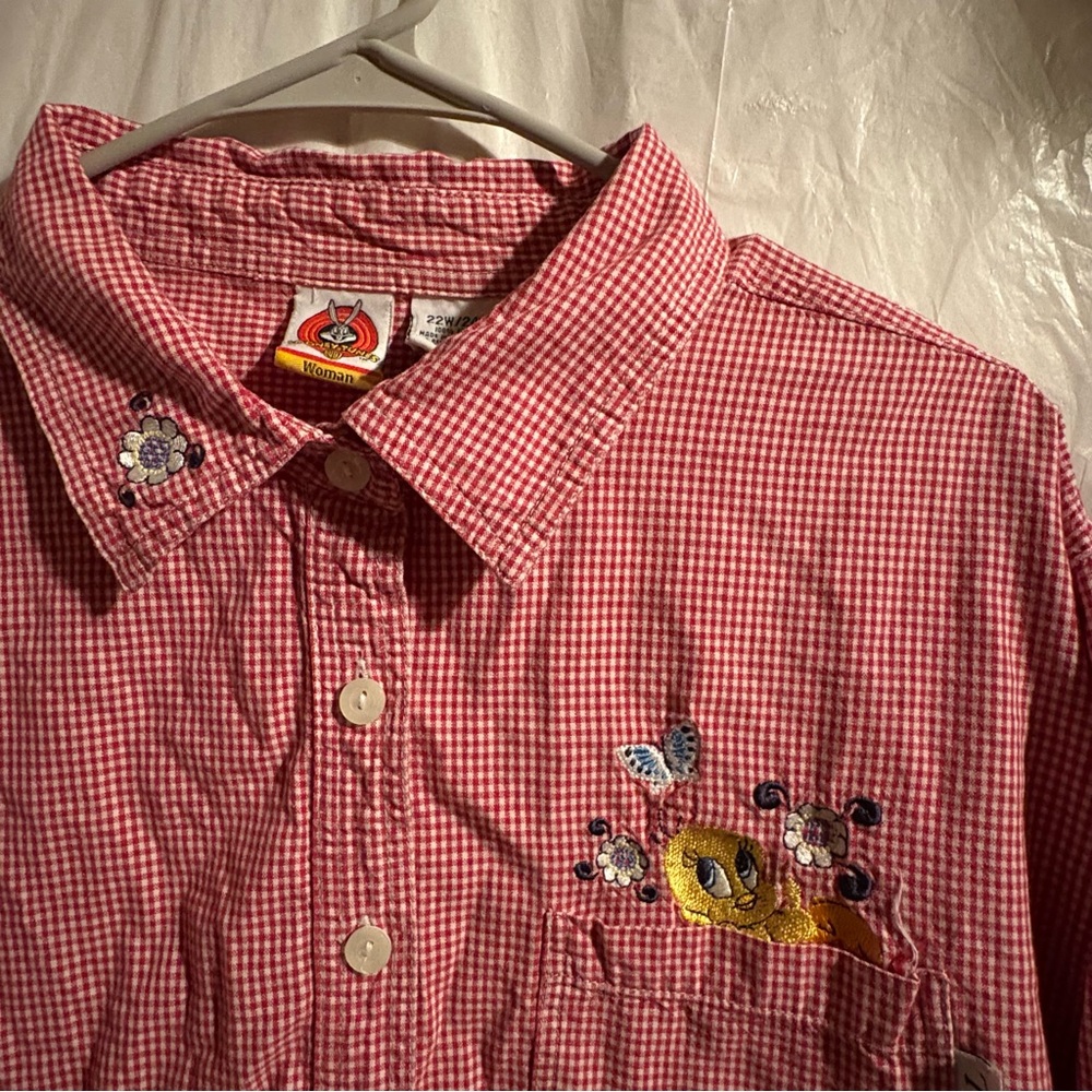 Vintage Looney Tunes Red And White Gingham Tweety Button Up Womens Sz 22/24
